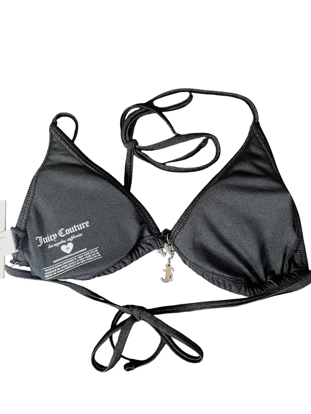 Juicy Couture 2-pc Bikini Black Triangle Tie-Strap Rhinestone Cherry Med NEW NWT